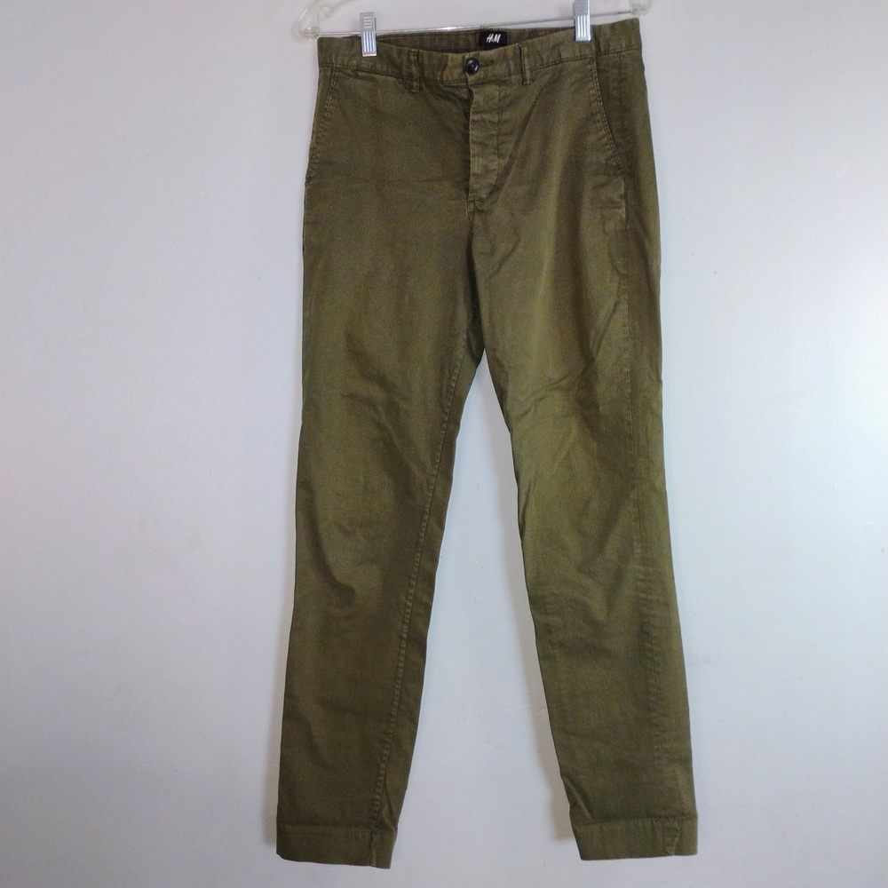 H&M Men Army Green Chinos Fly Button Relaxed Fit Pants Size 33R- Casual Preppy